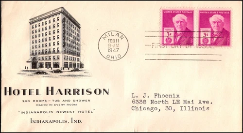 KAPPYSSTAMP FDC14 1947 SCOTT 945 EDISON HOTEL HARRISON INDIANAPOLIS IA