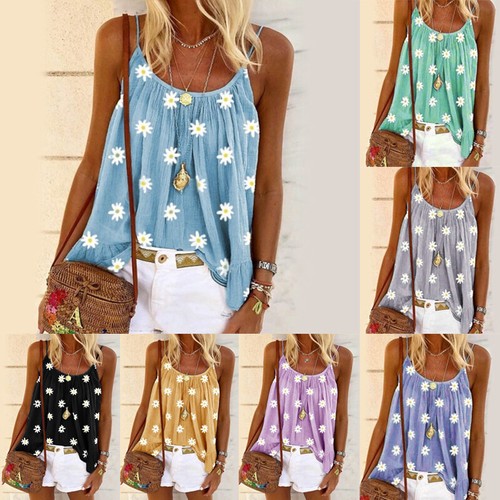Women Summer Loose Casual Vest Tank Tops Sleeveless Boho Printed T-Shirt Blouse - Picture 1 of 12