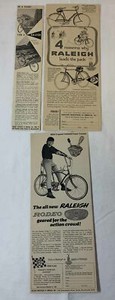 lot of three RALEIGH BICYCLE ADS ~ 1953, 1956, 1967