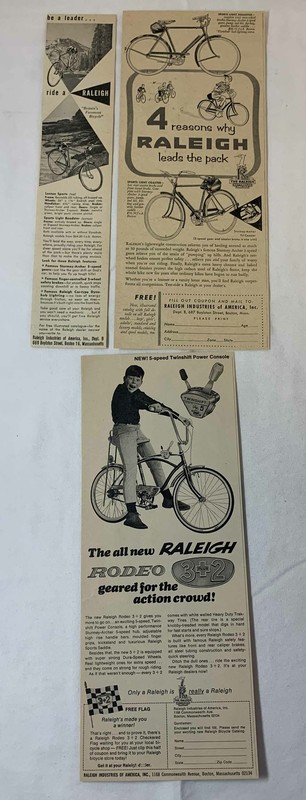 lot of three RALEIGH BICYCLE ADS ~ 1953, 1956, 1967