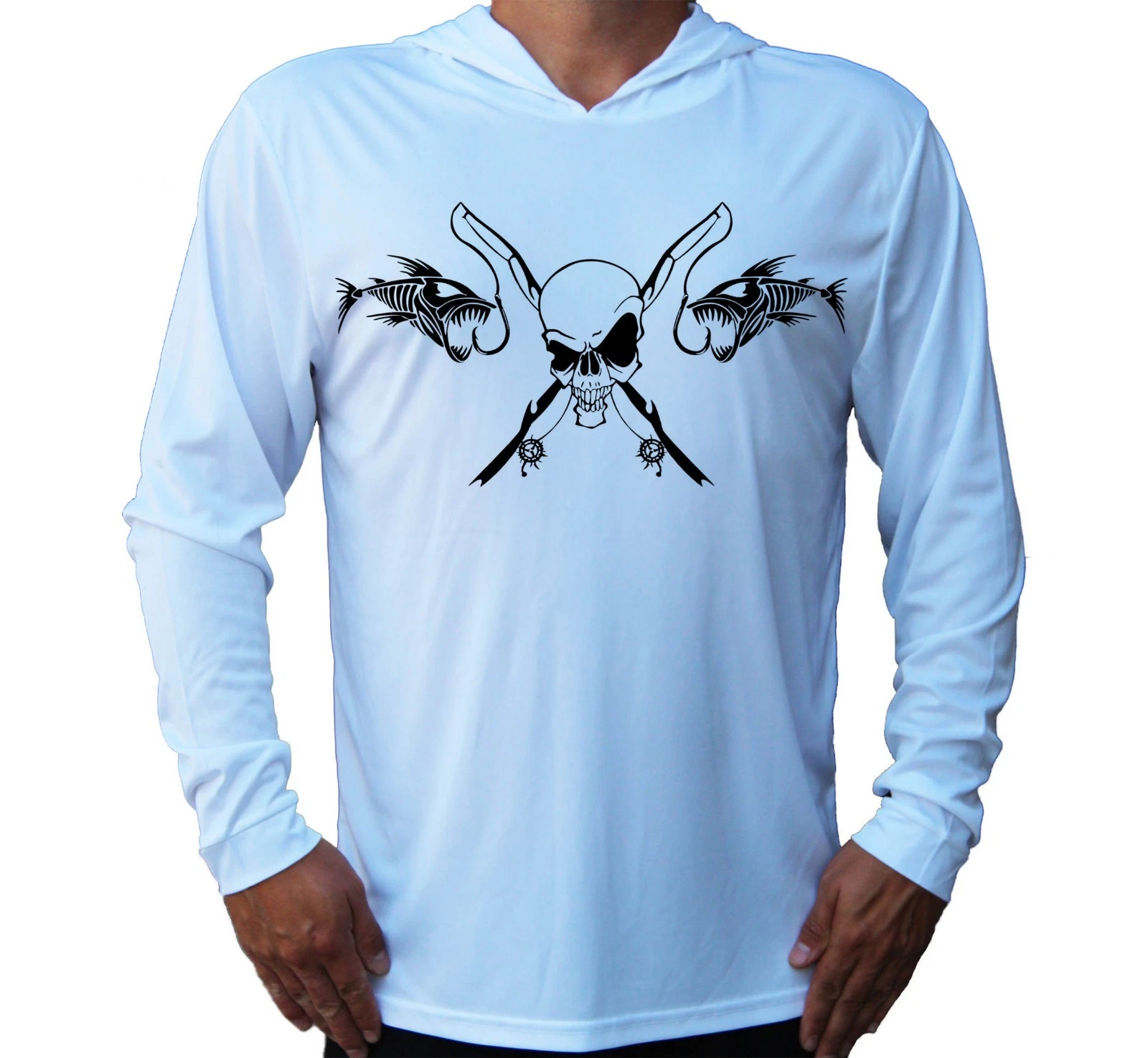 Fish Skeleton Rod Skull UV Protected UPF 50 Long Sleeve Fishing Boat Hood Gift