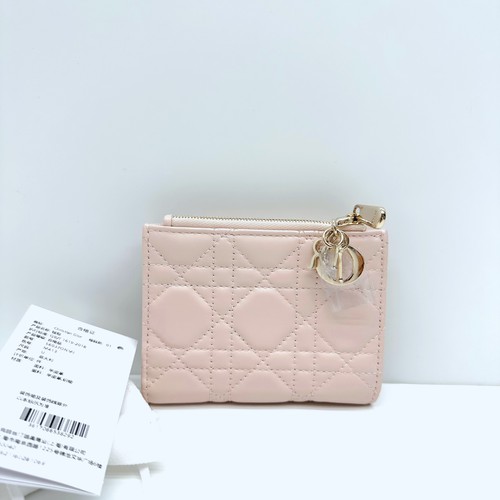 AUTH Dior Lady Dior Card Holder Light Pink Cannage Calf Leather Zip Coin Wallet