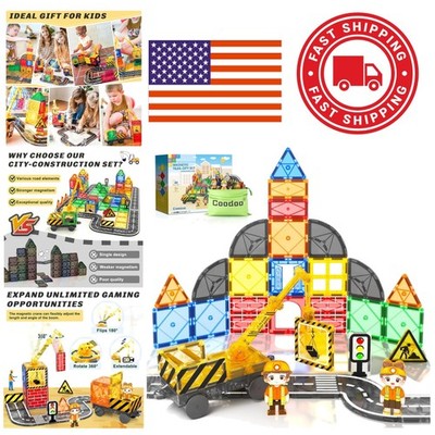 Kids Construction Magnetic Tiles Road Set Portable Building Toys for Ages 3 Plus
