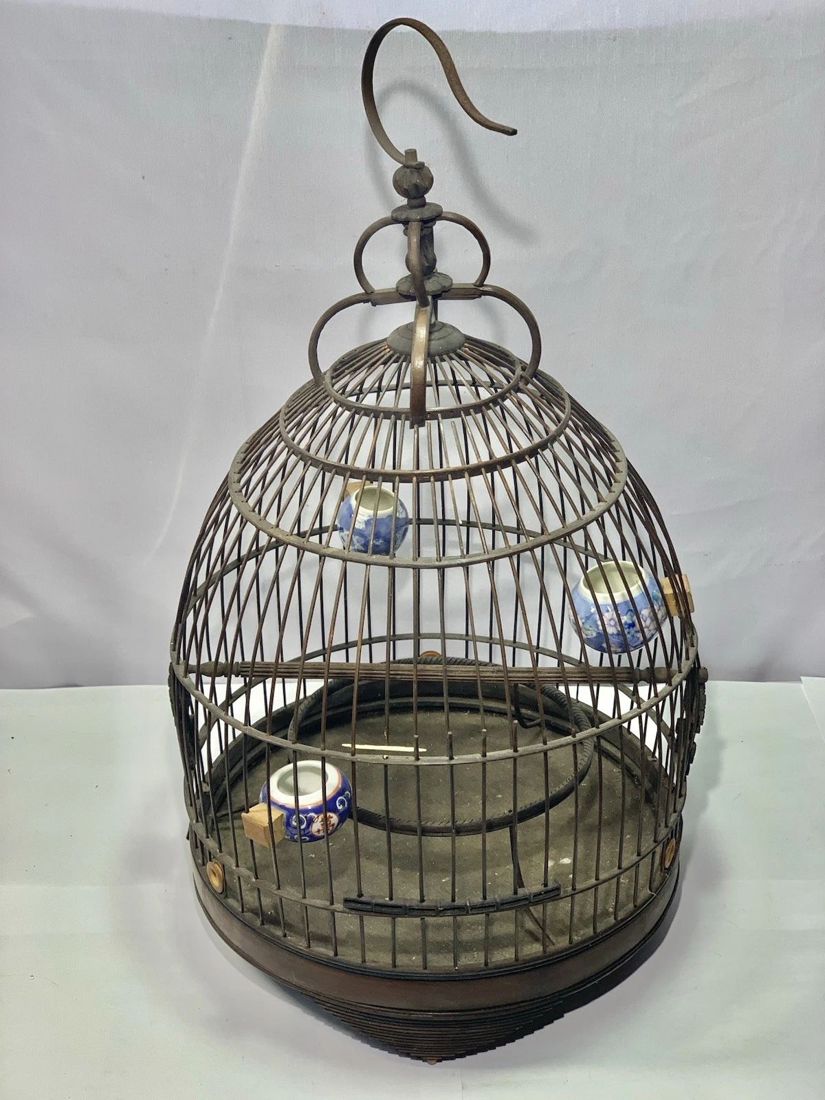 Vintage Chinese Bird Cage With Porcelain Feeder