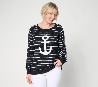 Belle by Kim Gravel Drop it Like it's Yacht Striped Slub Sweater Black S New