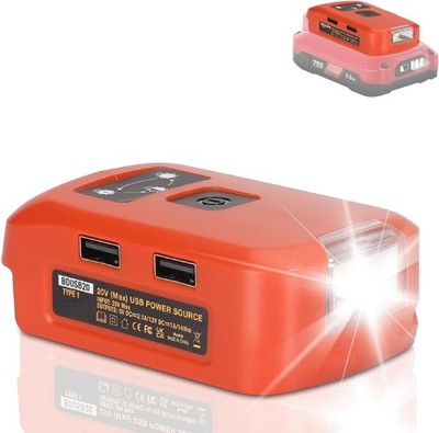 Dual USB Power Source Battery Charger Adapter for Black+Decker 20v Battery w/LED