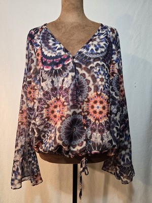 Mandala Floral Boho Psychedelic Festival Top Long Bell Sleeve Cropped Blouse S/M