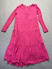 LOFT Tiered Maxi Dress Womens Medium Pink Rayon Long Sleeve Button Detail V Neck
