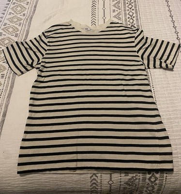 ZARA Beige Black Striped Short Sleeve Crew Neck T-Shirt Women Size S