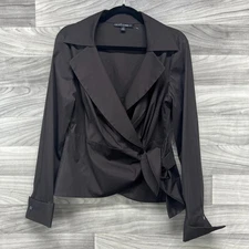 Lafayette 148 Wrap Top Women's Size 8 Blackish Brown Cotton Long Sleeve Knot Hem