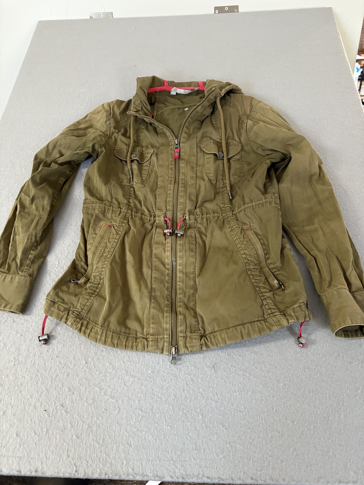 Utility Hooded Jacket Womens Small Green Anorak Zip Pockets Drawstring Waist