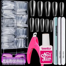Teenitor Clear Coffin Nail Tips Set, Long Acrylic Nail Kit Full Cover Clear Pres