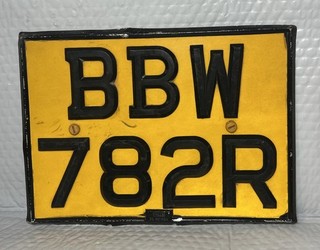 Vintage BRITISH BS AU Standard License Plate Black On Yellow #BBW 782R RARE
