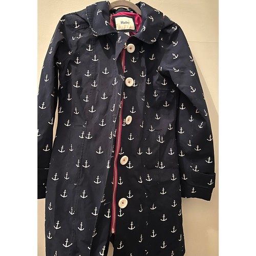 Hatley Girls Size 10 Trench Coat Hooded Navy Anchors Lined Pink Pockets Zip - Picture 3 of 8