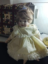 B. Hale 1985 Girl Porcelain Doll in Yellow Lace Dress Cloth Body Vtg