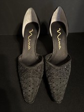 Nina Black Mesh Black Crystals Satin Pumps Size 7