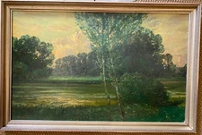 Oil Painting Birch At River Art Nouveau Signed Unreadable Antique Um 1920 Frame
