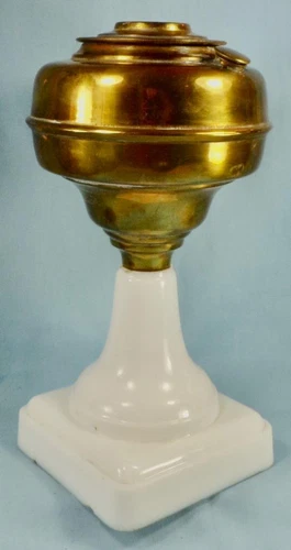 American Safety Lamp Oil Kerosene Brass Font Milk Glass Pedestal 1872