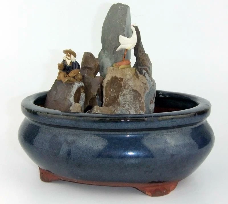 Bonsai Pot Japanese Rock Garden Pool Fisherman Bird Blue Glazed Ceramic 6" - Image 2 of 4