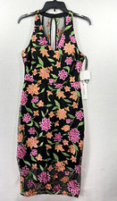 Siena Embroidered Mesh Midi Dress Women's 4 Black Colorful Floral Cocktail NEW