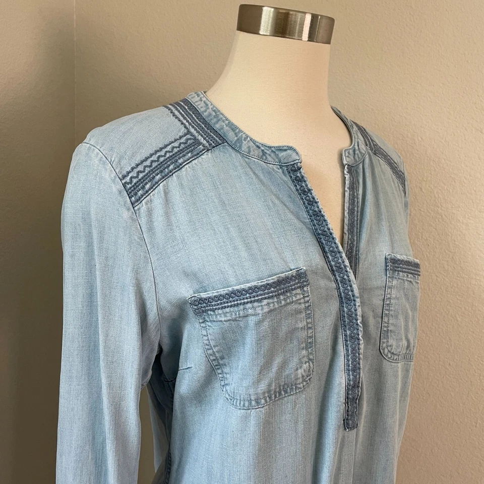 Camisa Top Blusa Eddie Bauer Mujer Mediana Bordada Cambray Manga Larga Foto 3 de 4