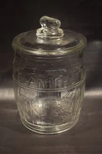 Vintage Planters Peanuts Clear Glass  Barrell Lidded  Jar