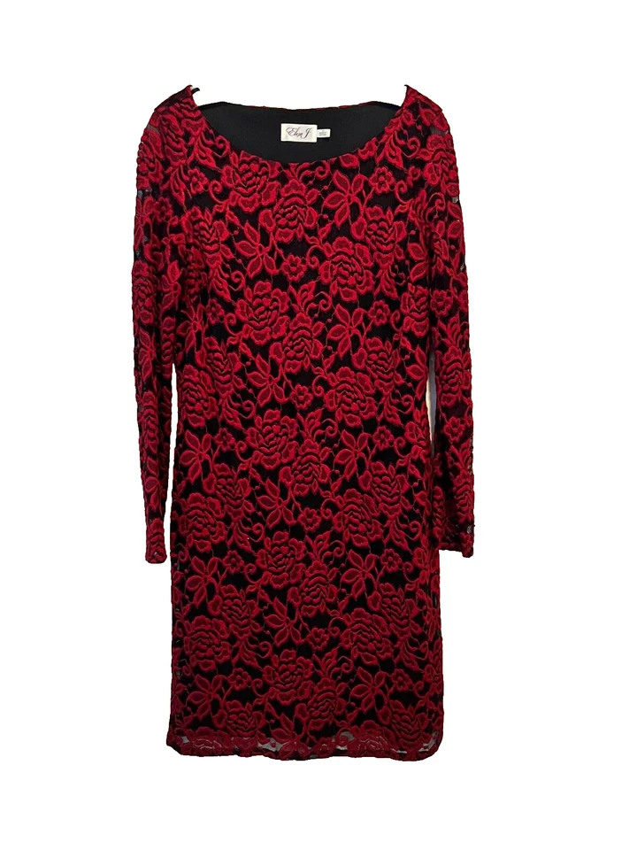 Eliza J Lace Long Sleeves Red/Black Cocktail Sheath Dress Sz 12 - Image 2 of 4