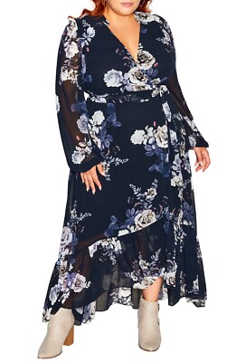 City Chic Arya Blue Floral Long Sleeve Faux Wrap Maxi Dress Size
