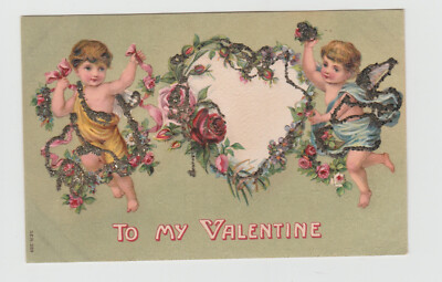Valentine, c1910s, Two Cherubs Heart Flowers Glitter Vintage Postcard 2796