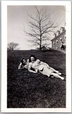 Vtg Snapshot Two Women Relaxing On Grass By College Building 1940s