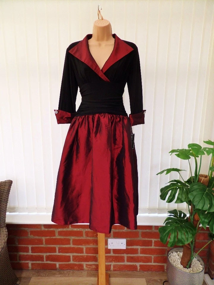 JESSICA HOWARD BLACK DARK RED TAFFETA 50'S NEW YORK MIDI DRESS 10 (12) £170 BNWT - Image 2 of 4