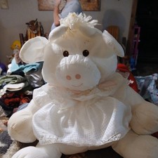 Cow Puffalump Fisher Price White Stuffed Plush Pink Heart Lace Dress Vintage FP