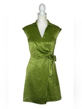 Melodie T Apple Green Satin Wrap Midi Dress with Side Tie EUC Sz 4 Wedding Guest