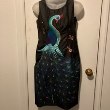 Vtg 90s Formal Black Dress PEACOCK~ EMBROIDERED Size 0 XS Midi  SILK