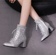 Womens Ankle Boots Sequin Splicing High Block Heel Pointy Toe Casual Shoes Plus