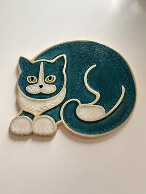 Vintage blaue Katze Keramik Untersetzer Wanddeko Retro Keramikfliese