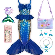 Mermaid Costume for Girls 3-12, Mermaid Tail Dress with Jewelry  Purse, Prin...