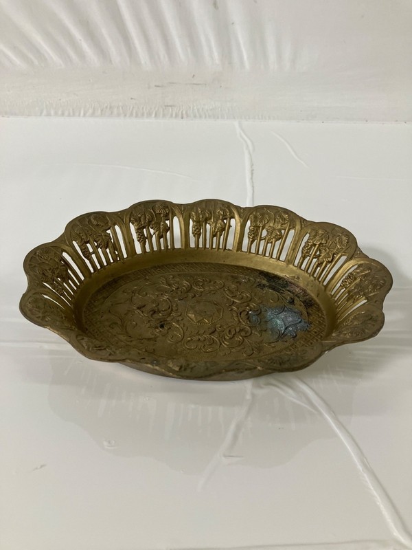 Vintage Italian Openwork Brass Trinket Dish With Grape Cluster Motifs