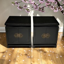 2 Black Chinese Bedside Cabinets With Cupboard Brass Handles  FREE UK Delivery*