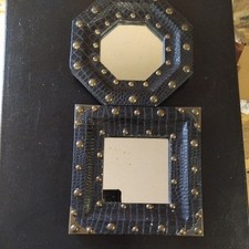 Two Vintage  Faux Leather/ two Snake Skin Mirrors, 8" by 8" Square.