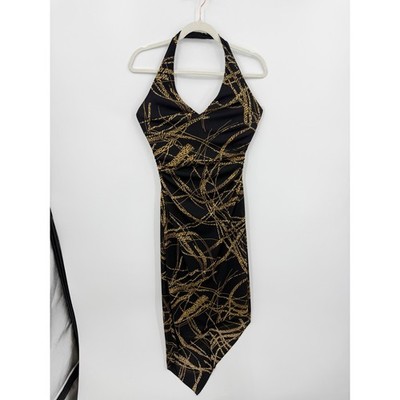 David Meister Ruched Halter Dress Womens 8 Black Gold Animal Print Asymmetrical