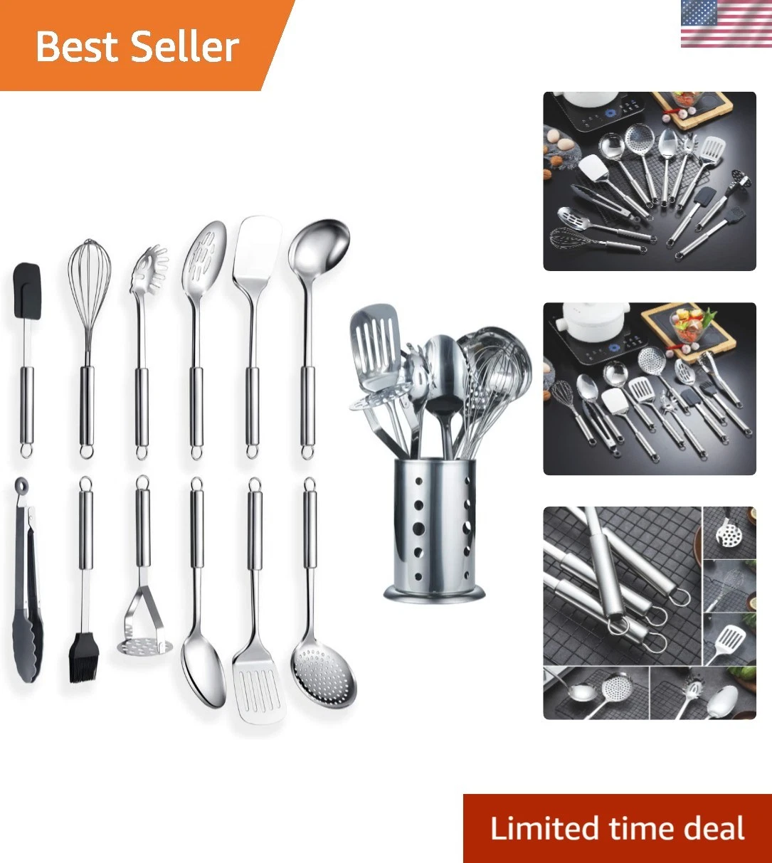 Stylish 13-Piece Cooking Utensil Set with Holder - High-Grade Stainless Steel