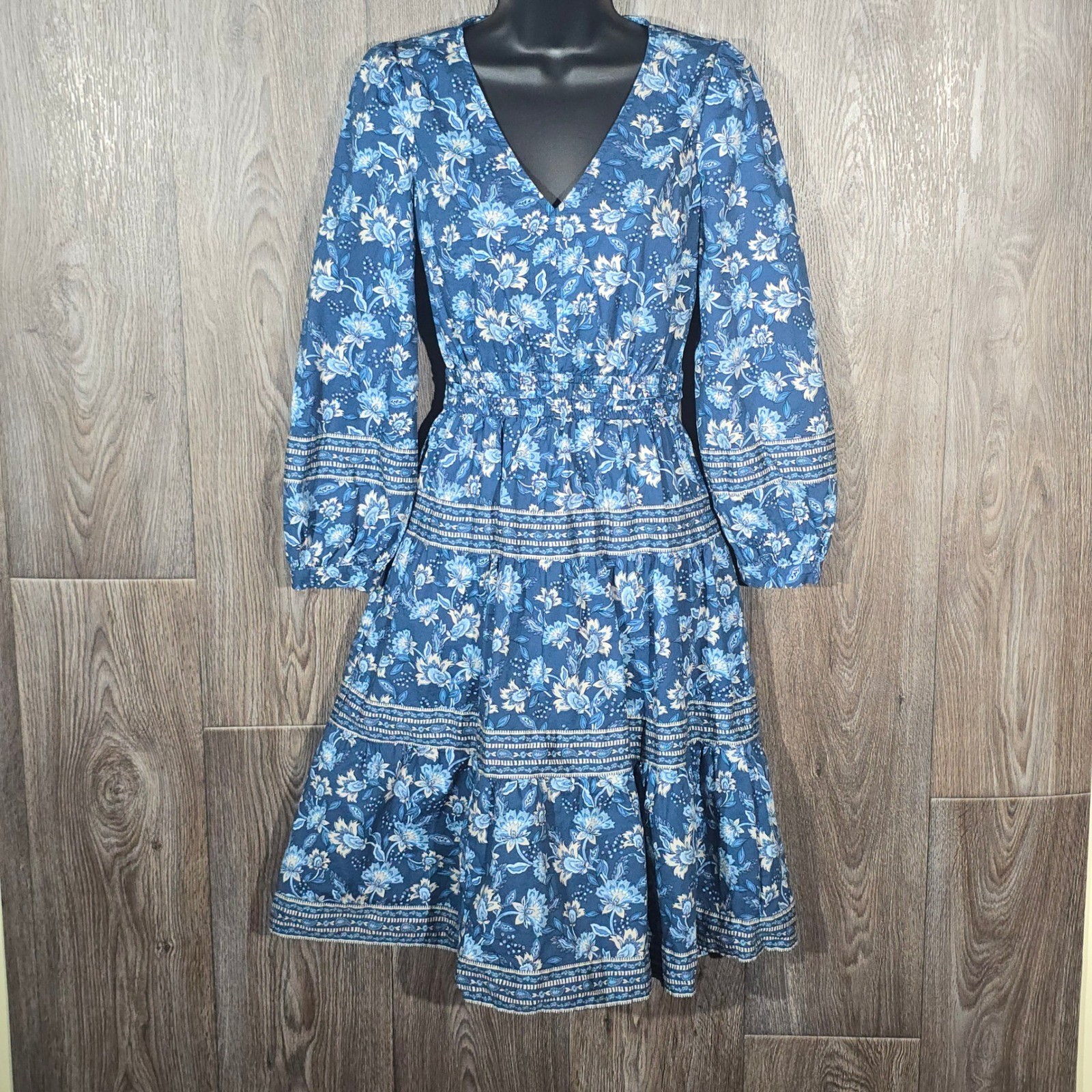 LOFT Petites Blue Floral V-Neck Tiered Dress XXSP Cotton Small Boho