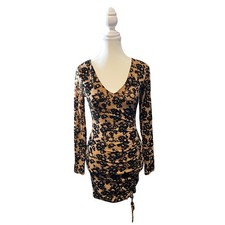 Windsor Black Tan Floral Ruched Bodycon Dress Size Small