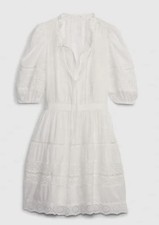 NWT Gap A-line Dress Size S Womans Tall White Balloon Sleeve Embroidered V-neck