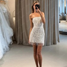 Luxury Beads Pearls Wedding Dresses Strapless White Short Zip Prom Bridal Gowns