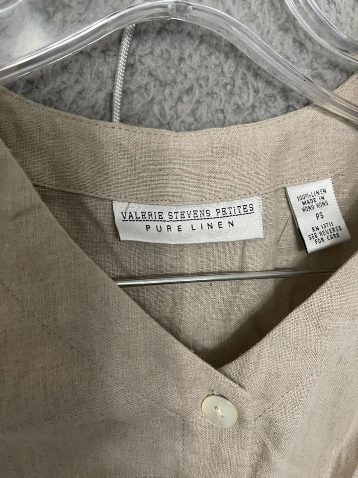 Vestido sin mangas Valerie Stevens de lino puro tostado caqui talla PS pequeño abotonado Foto 2 de 4