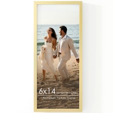 FLYJOE 6x14 Gold Metal Picture Frame with Real Glass - Wall Mount
