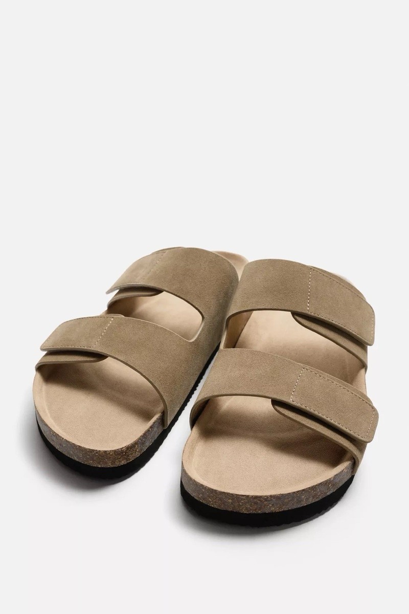 Men Zara Double Strap Slip On Sandals Suede Beige | eBay