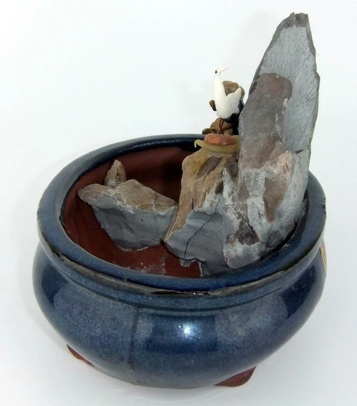 Bonsai Pot Japanese Rock Garden Pool Fisherman Bird Blue Glazed Ceramic 6" - Image 4 of 4